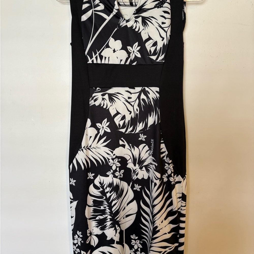 Tropical Black and White Midi Dress